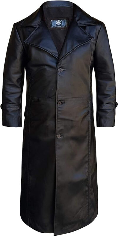 So-Shway Black Leather Full Length Mens Trench Coat