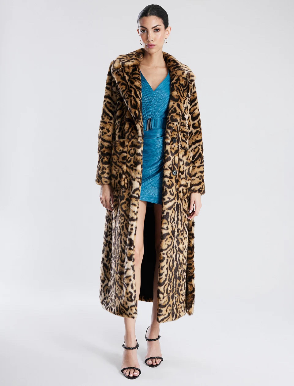 BCBG Max Azria Belted Leopard Faux Fur Full Length Coat