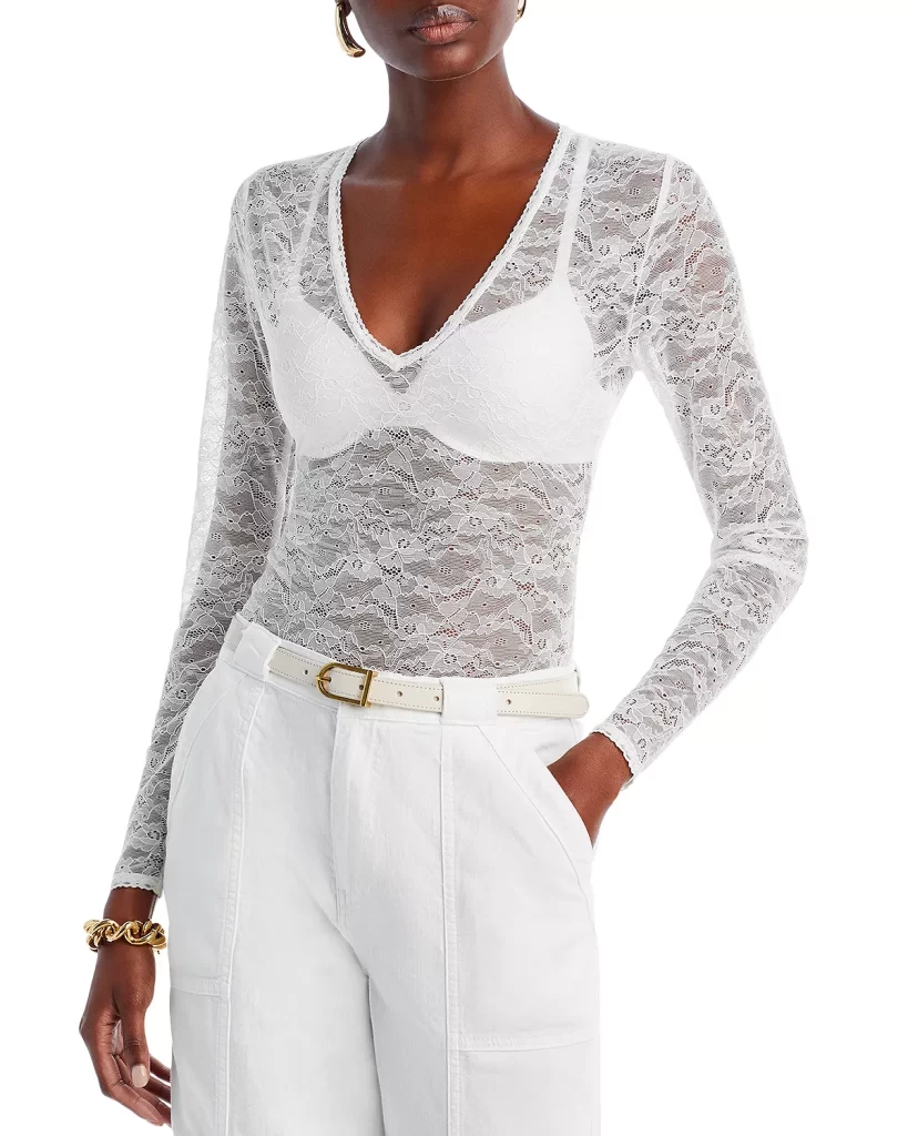 white lace body suit and white pants outfit