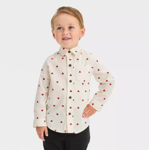 toddler wearing valentines button down shirt