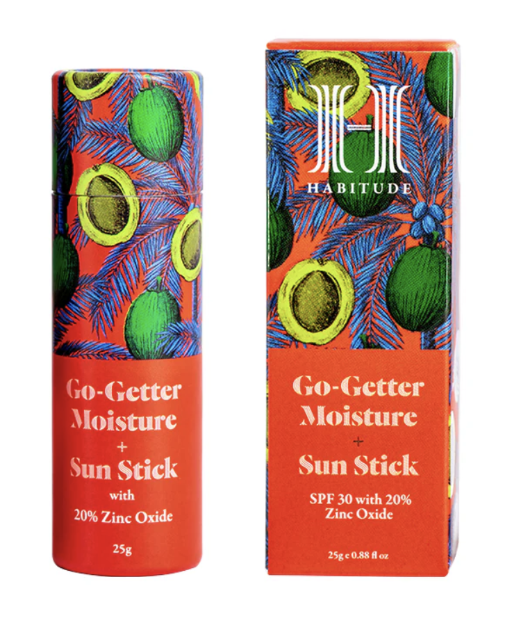 A sunblock stick with bright packaging